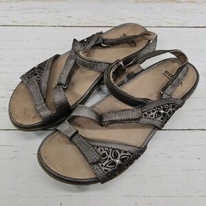 Earth Sand Maui Womens 8.5 Pewter Leather Slingback Sandals Floral Cutout Adjust